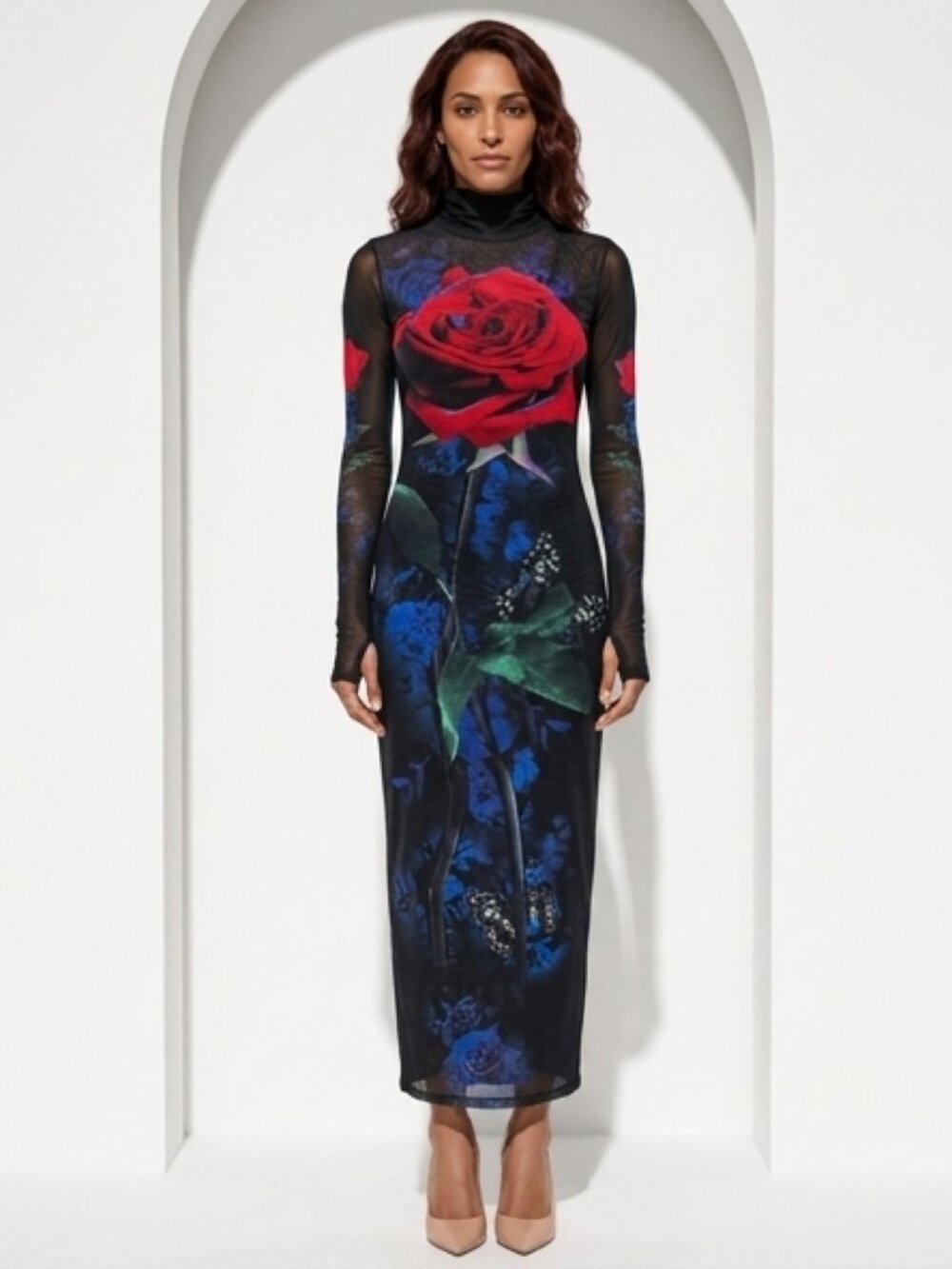 🌹 AFRM Sheer Mesh Rose Print Midi Dress w/ Slip - Picture 2 of 4